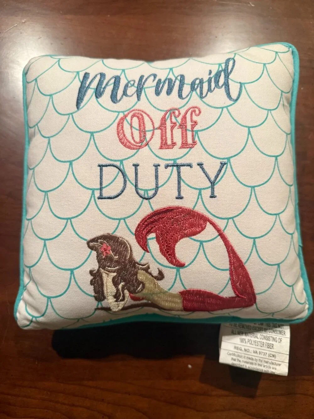 Mermaid Off Duty Pillow Embroidered Coastal Accent Pillow 9 x 9